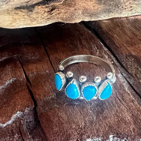 Zuni Navajo Blue Turquoise Ring Band Sleeping Beauty Sterling Petit Point 7 - Picture 2 of 11